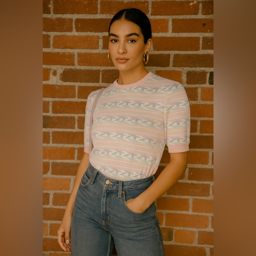 Vintage Castleberry Pastel Geometric Knit Top Pink USA